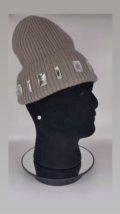 grey winter hat with rhinestone