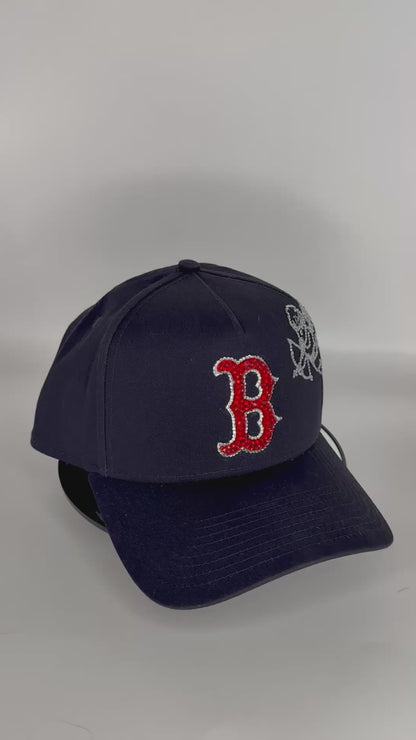 blue boston snapback cap with rhinestone cupid