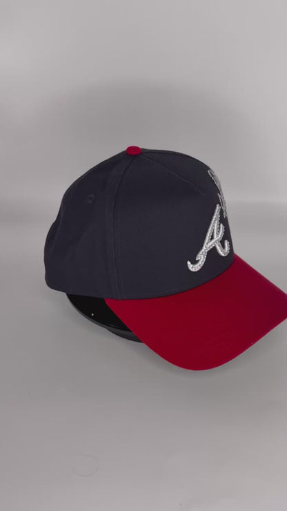 blue and red atlanta snapback cap with rhinestone cupid