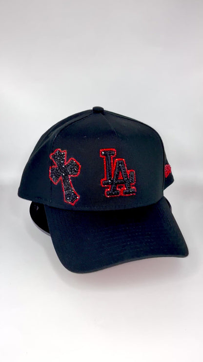 Black and red LA cap with rhinestone cross design