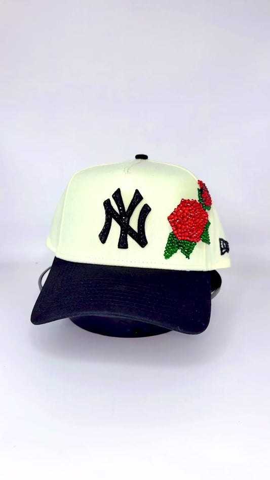 White and black NY cap with rhinestone rose design