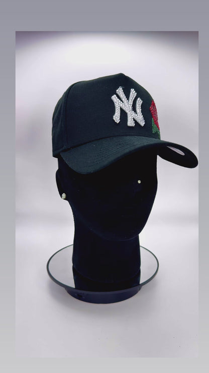 Black NY Yankees cap with rose and rhinestone