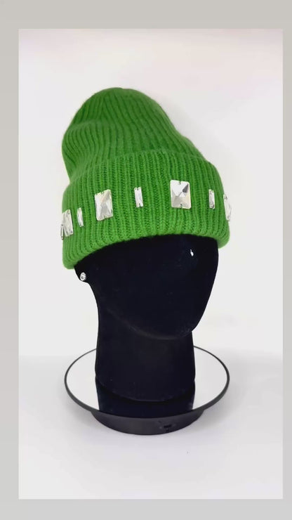 Green Winter Hat with Rhinestone