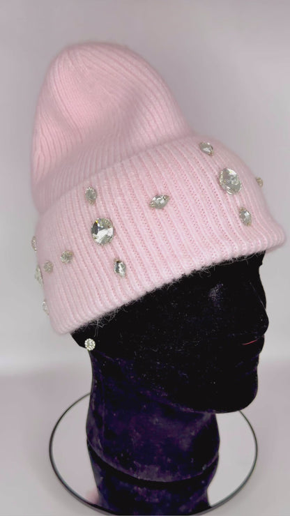 Light pink winter hat with rhinestone design